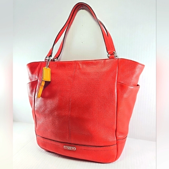 Coach Park North South Shoulder Tote Bag Red Pebbled Leather Large Purse Carry - Picture 2 of 16